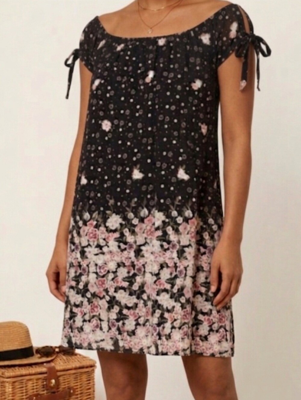 Siren Lily Petite Floral Tie-Sleeve Shift Dress - Boho-Size Petite SM - Picture 2 of 7